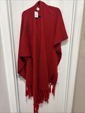 Free People Red Fringed Open-Front Poncho Wrap